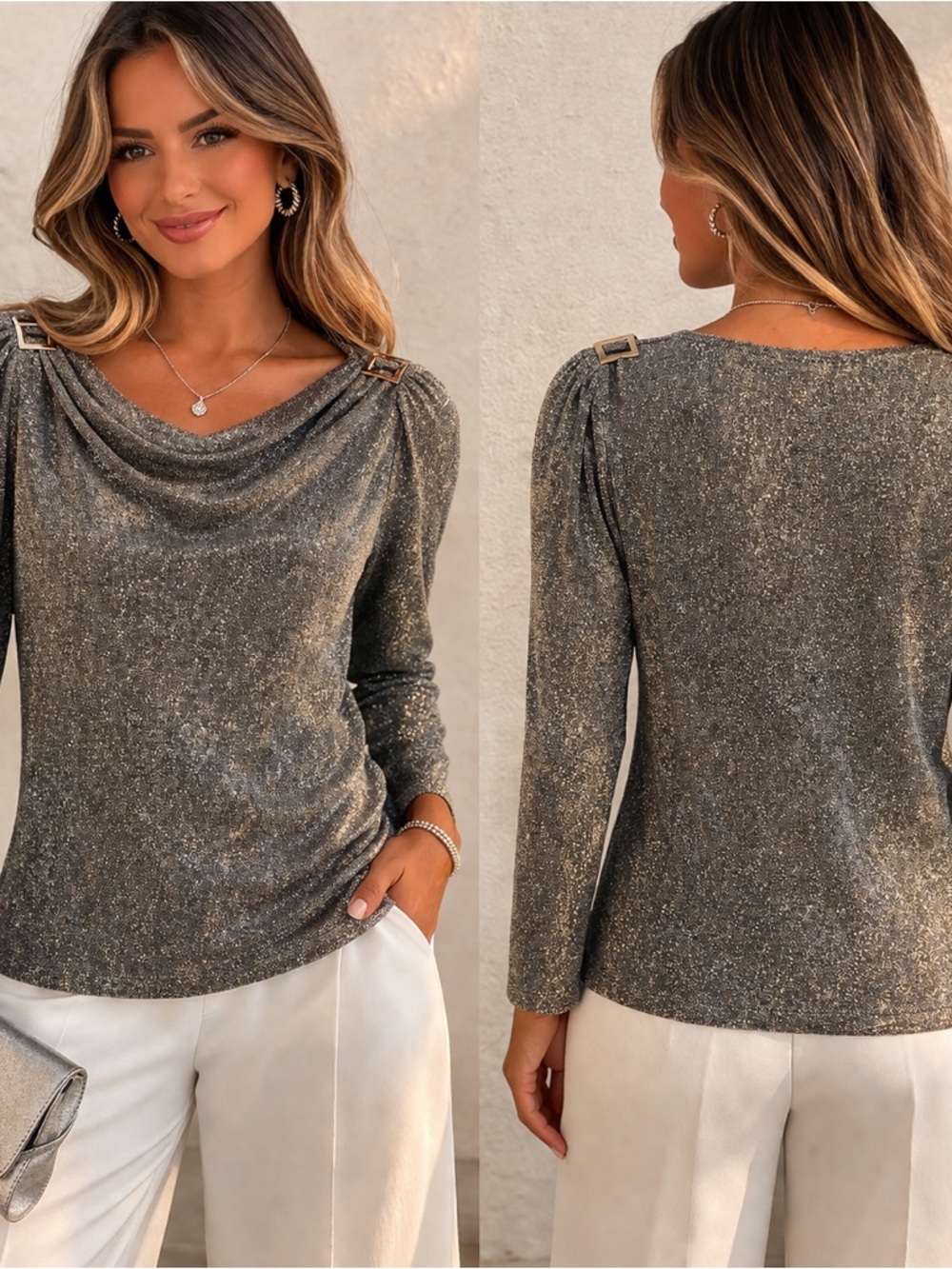 Talbots Petites‎ Metallic Top Womens Large Gray Cowl Neck Dressy Shimmer